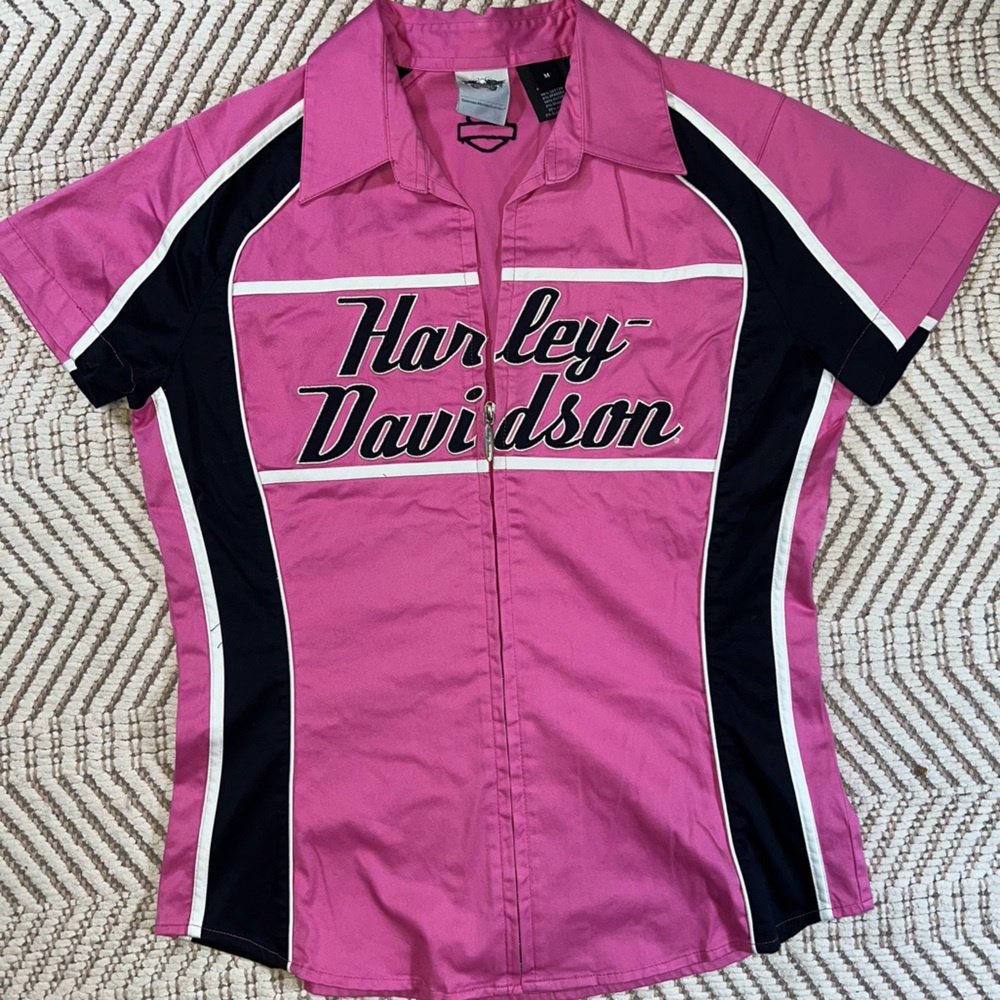 Harley-Davidson Women’s Pink Black Zip Front Mechanic Garage Shirt Size Medium